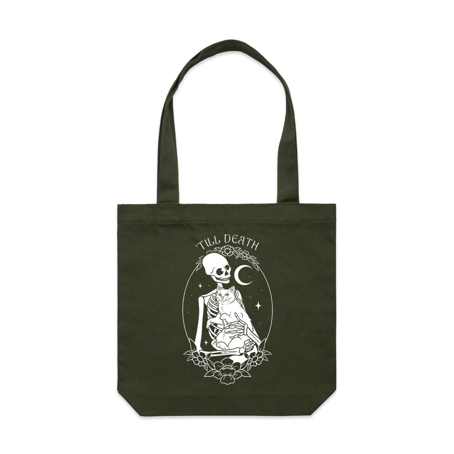 'Till Death  – Gothic Skeleton & Cat Graphic Tote Bag