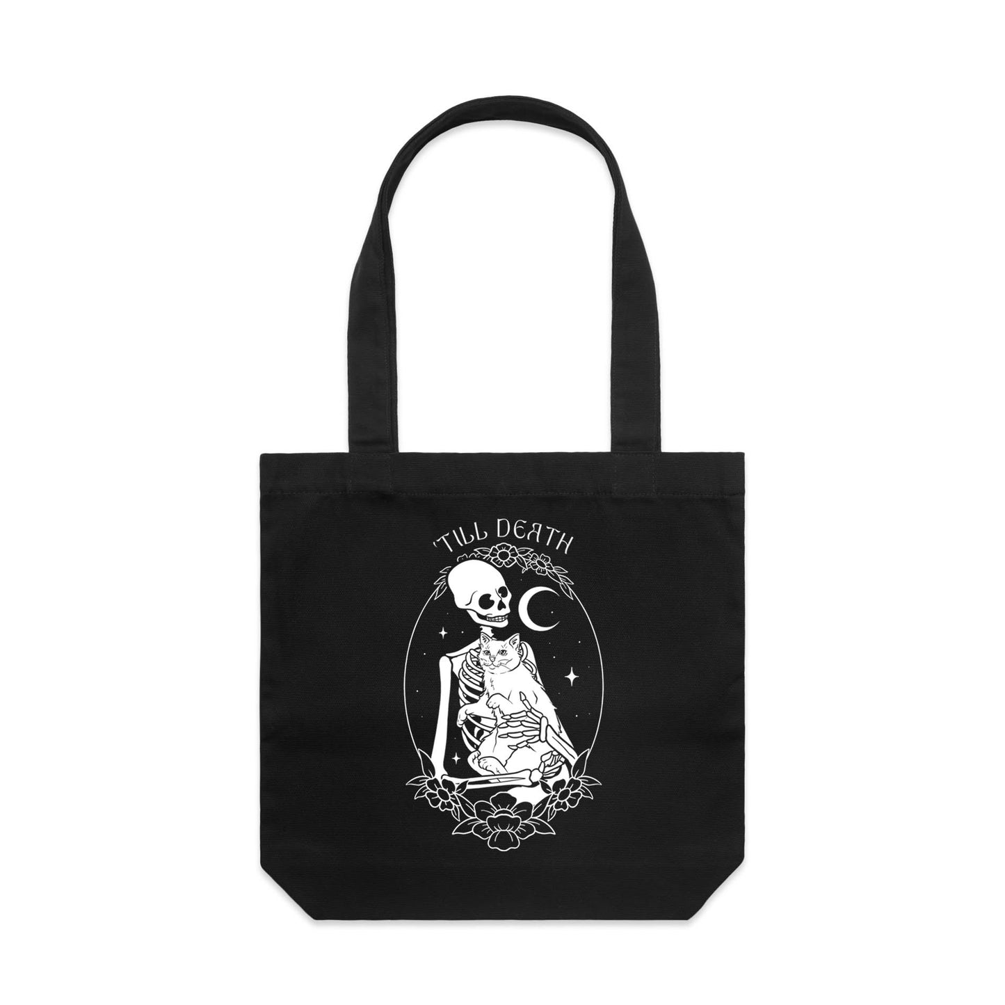 'Till Death  – Gothic Skeleton & Cat Graphic Tote Bag