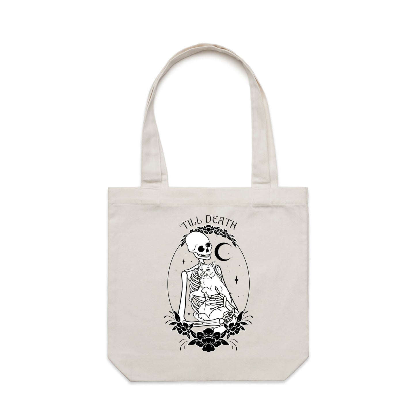 'Till Death  – Gothic Skeleton & Cat Graphic Tote Bag
