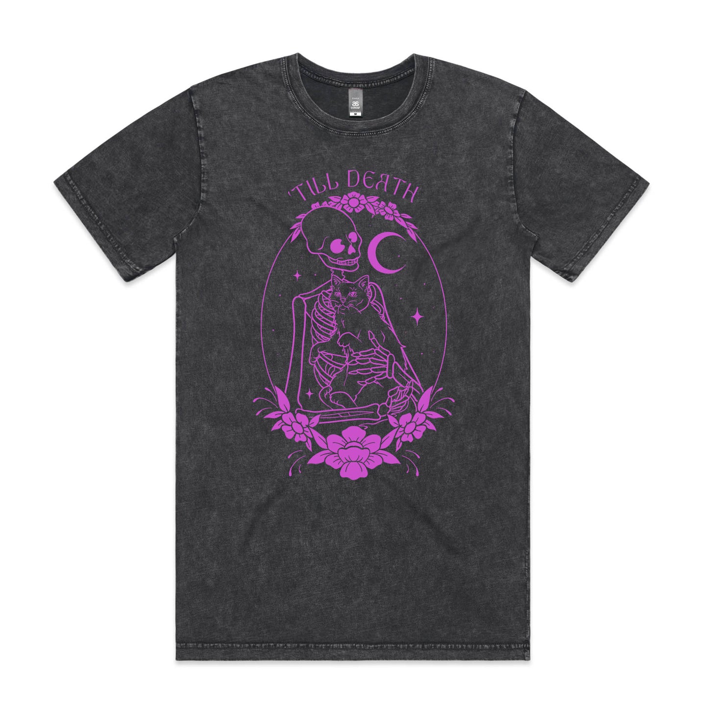 'Till Death – Gothic Skeleton & Cat Graphic (Stone Washed) Tee