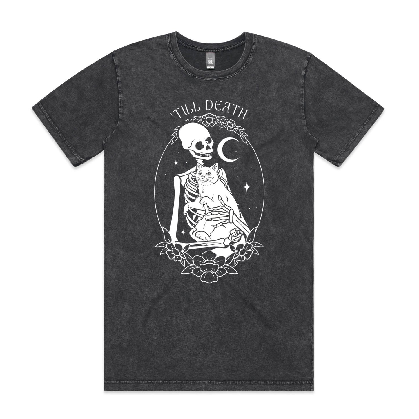'Till Death – Gothic Skeleton & Cat Graphic (Stone Washed) Tee