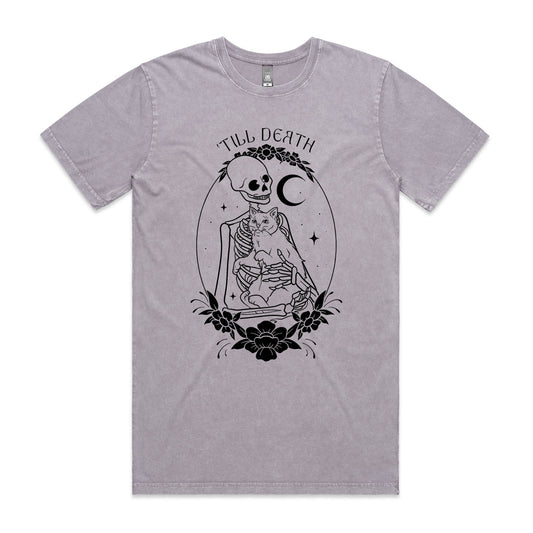 'Till Death – Gothic Skeleton & Cat Graphic (Stone Washed) Tee
