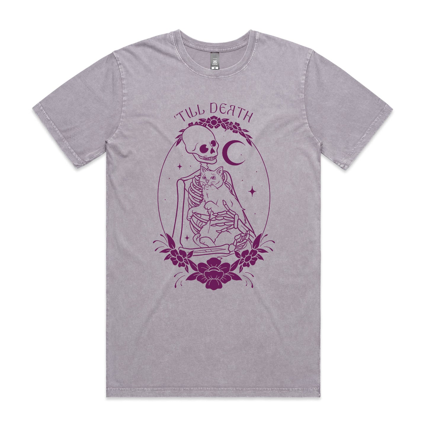 'Till Death – Gothic Skeleton & Cat Graphic (Stone Washed) Tee